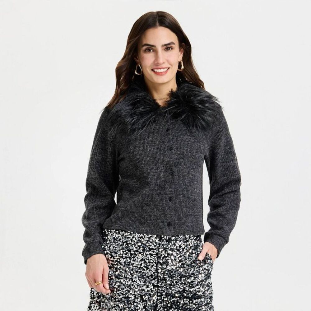 Women's Faux Fur Cardigan - A New Day Dark Heather Gray L